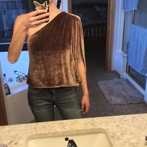 Alice + Olivia off the shoulder velvet shirt